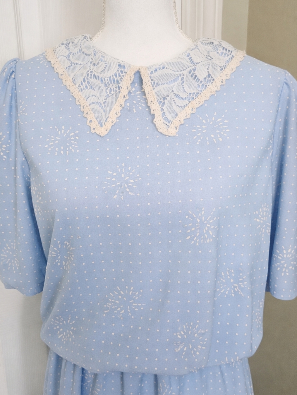 Vintage 1970s Blue Lace Collar Dress | Size 15–16 | Made in USA | Grandmacore - Picture 2 of 9